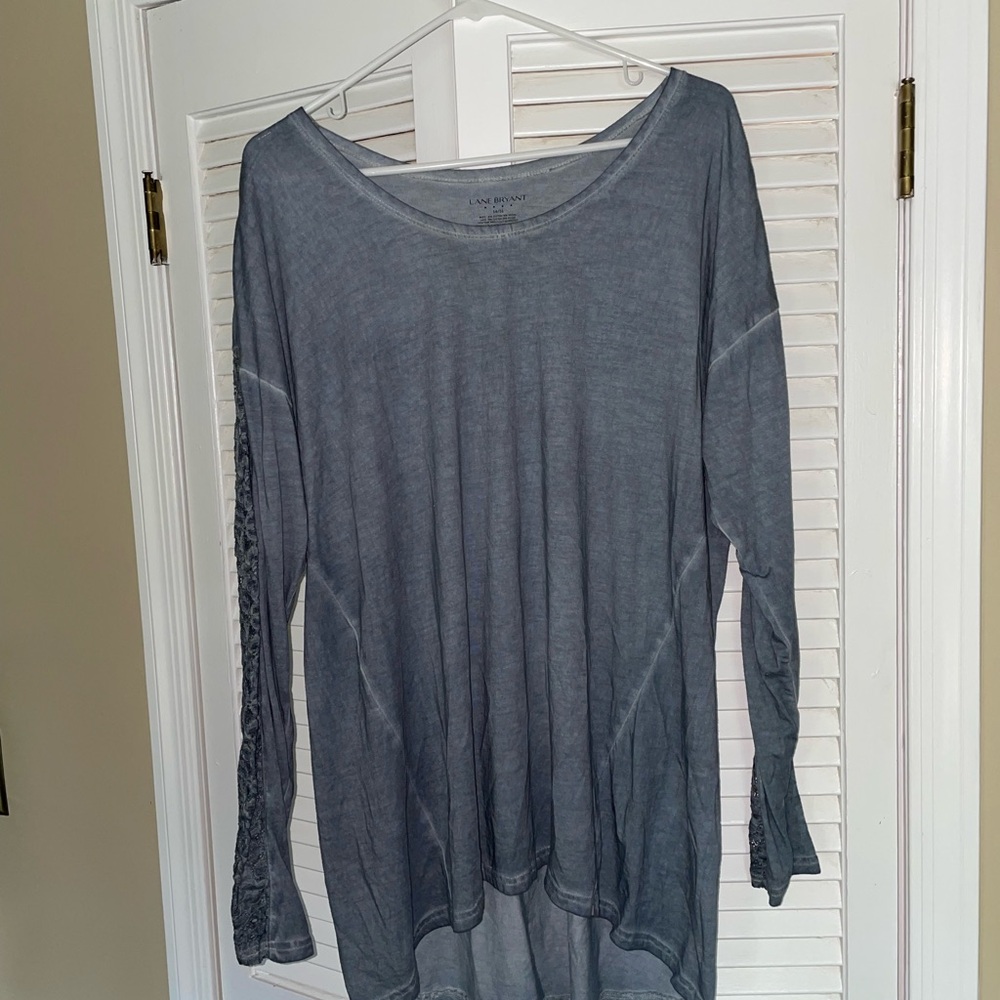 Distressed Gray Long Sleeve Top with Lace Sleeves